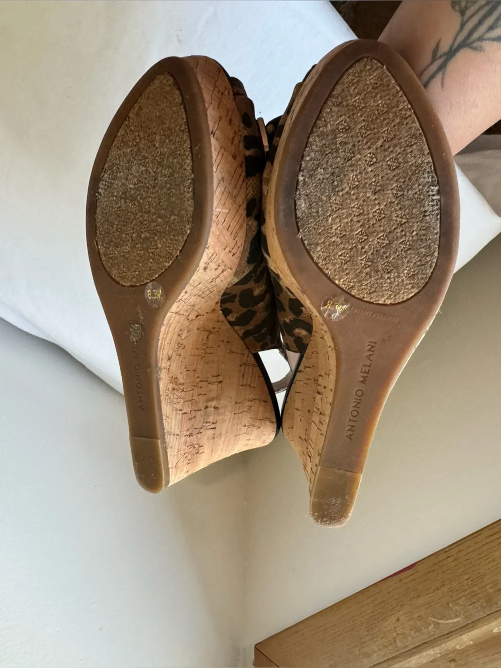 Y2K Antonio Melanie Leopard Cork Wedge Slingback Heels Peep Toe PlatformSize 8.5